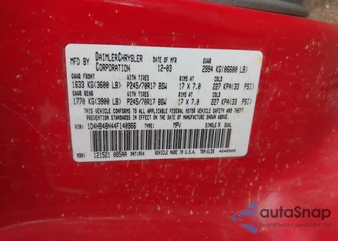 2004 Dodge Durango Slt z USA, uszkodzony, nr VIN 1D4HB48N44F140966